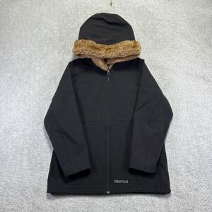 Marmot Jacket Womens XL Black Softshell Fleece Lined Faux Fur Hood ZipUp Outdoor